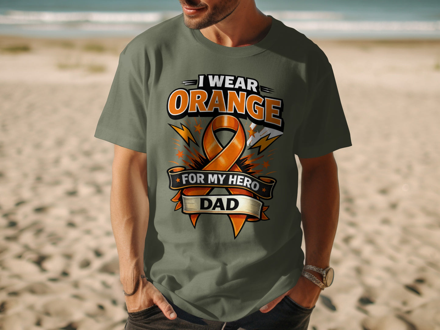 T-shirt with "I Wear Orange For My Hero Dad" text and orange awareness ribbon.
