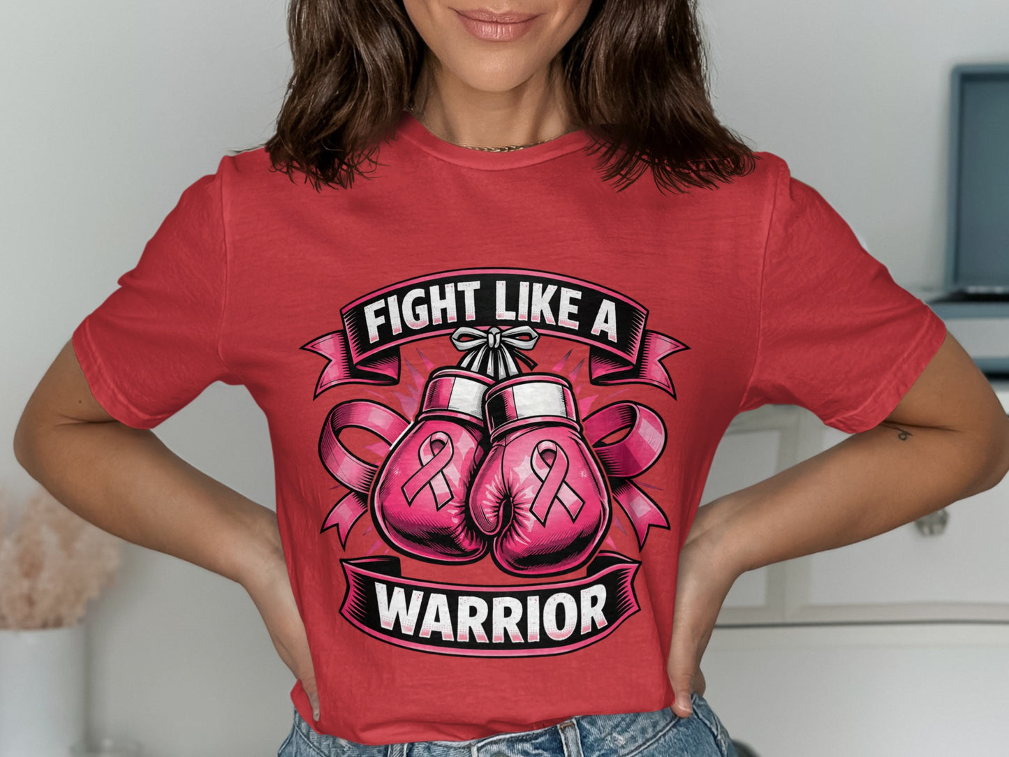 Red t-shirt with pink boxing gloves and pink ribbon graphic, text reads "Fight Like A Warrior".