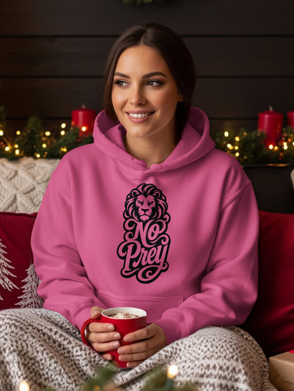 Pink hoodie with lion and "No Prey" text on the chest.