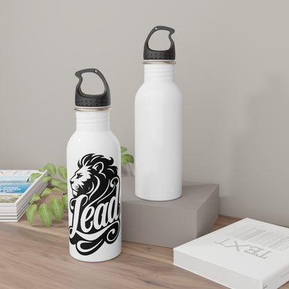 White water bottles with black lion graphic and text reading "Lead".