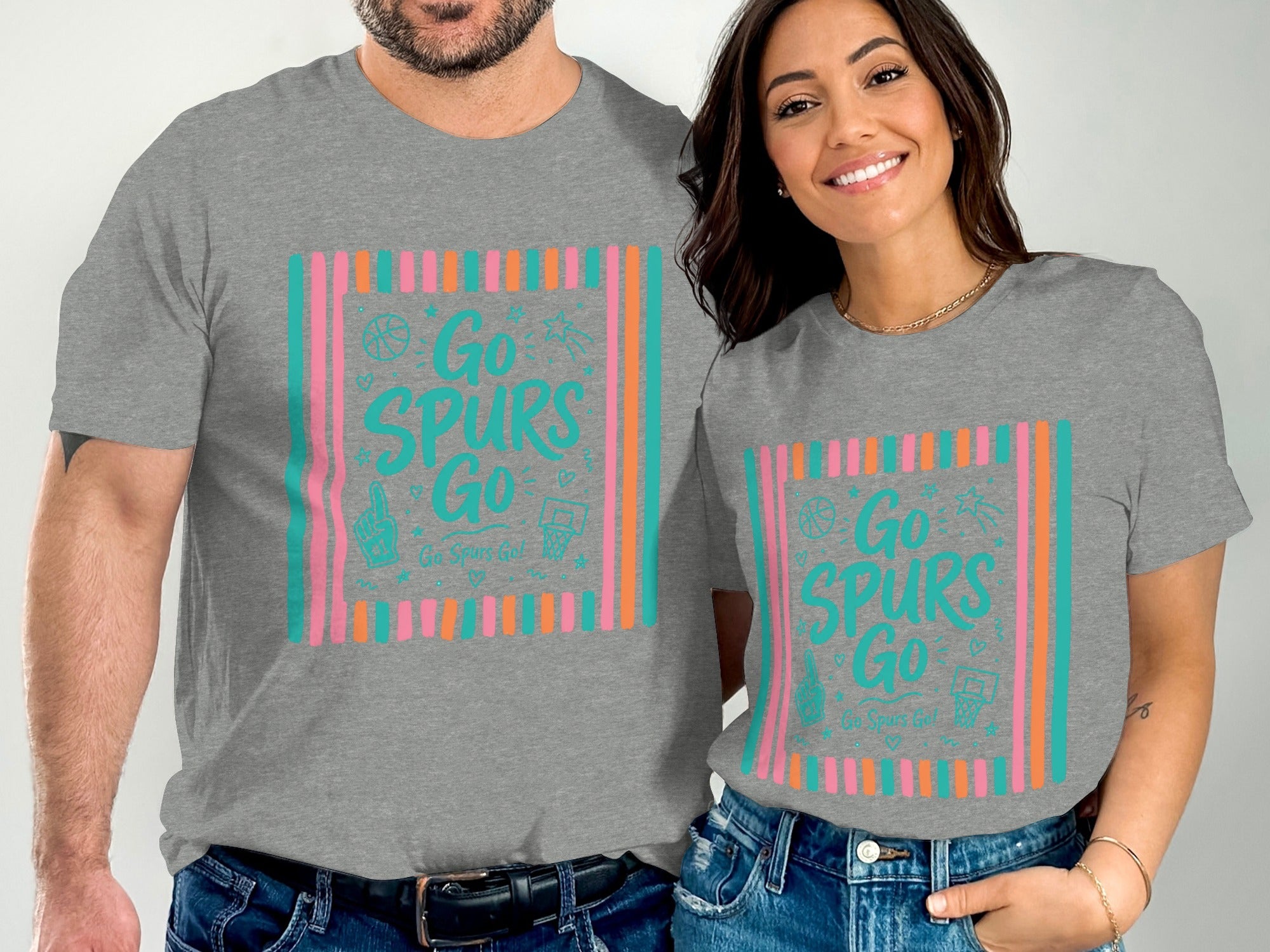 Grey t-shirts with "Go Spurs Go" graphic and basketball imagery.