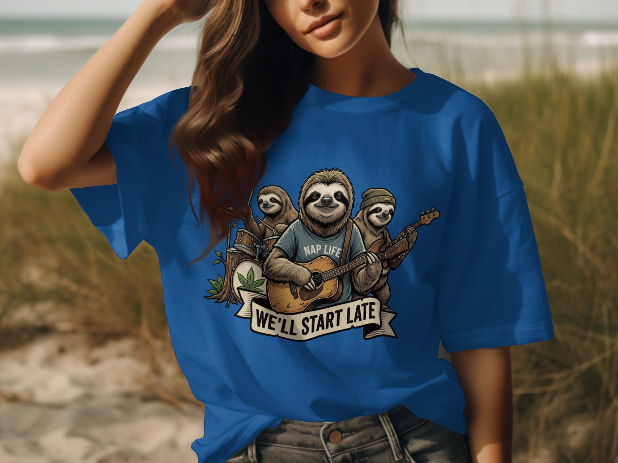 Sloth band with guitars and drums, text reads "Nap Life We'll Start Late."