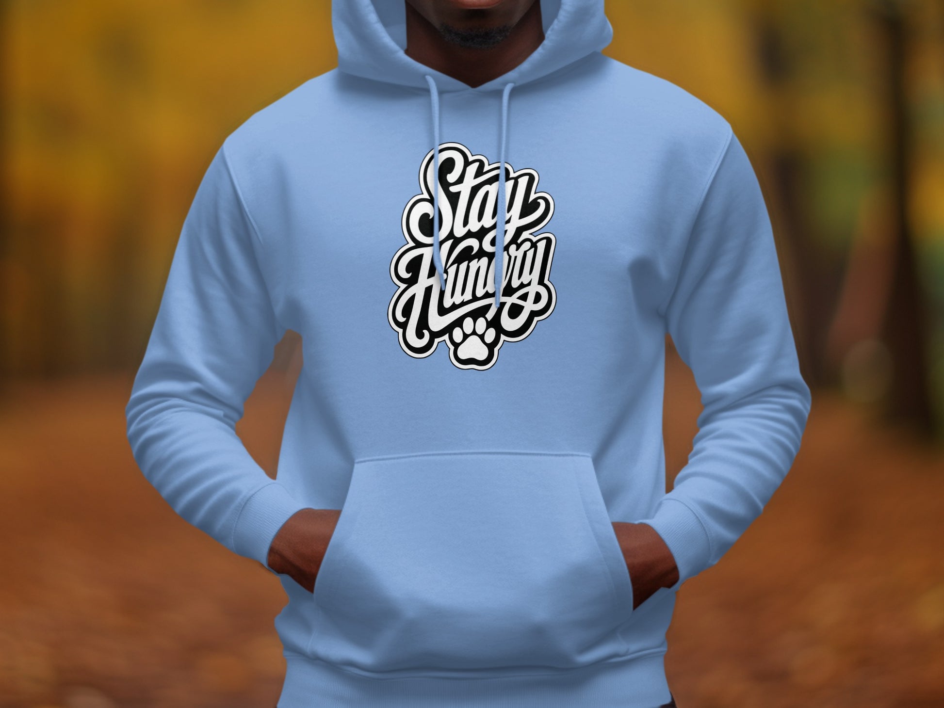 Light blue hoodie with black and white "Stay Hungry" text and a paw print logo.