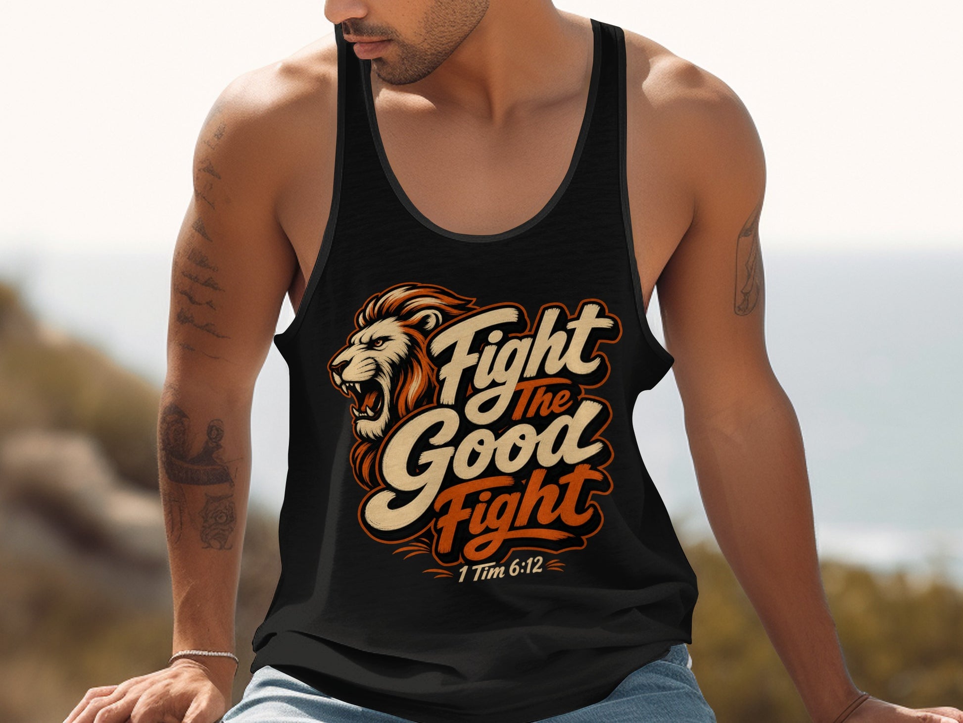 Black tank top with lion graphic and text "Fight the Good Fight 1 Tim 6:12".
