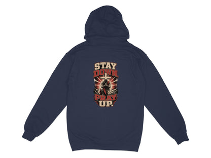 Navy hoodie with "STAY DOWN PRAY UP" text and praying knight graphic.