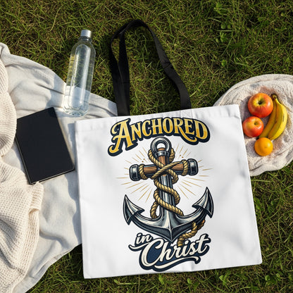 White tote bag with "Anchored in Christ" text and an anchor design.