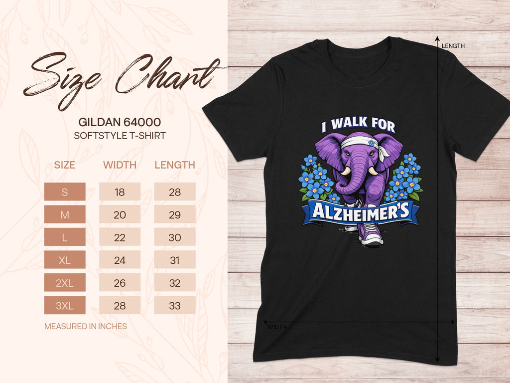 Black t-shirt with purple elephant graphic that reads "I walk for Alzheimer's". Size chart included.