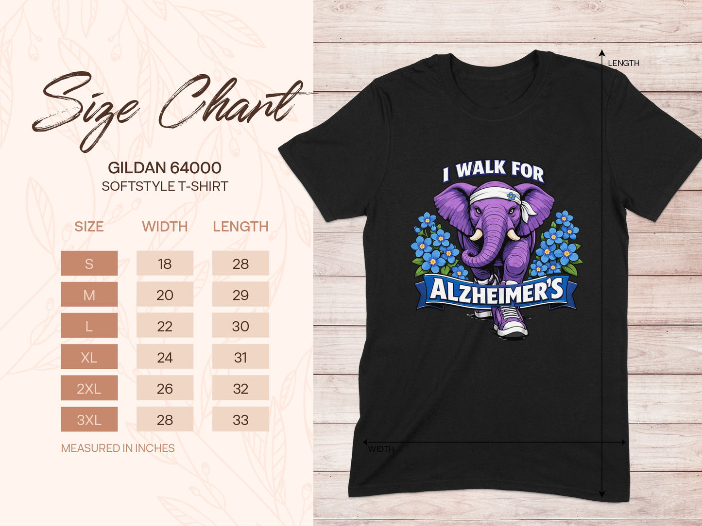 Black t-shirt with purple elephant graphic that reads "I walk for Alzheimer's". Size chart included.
