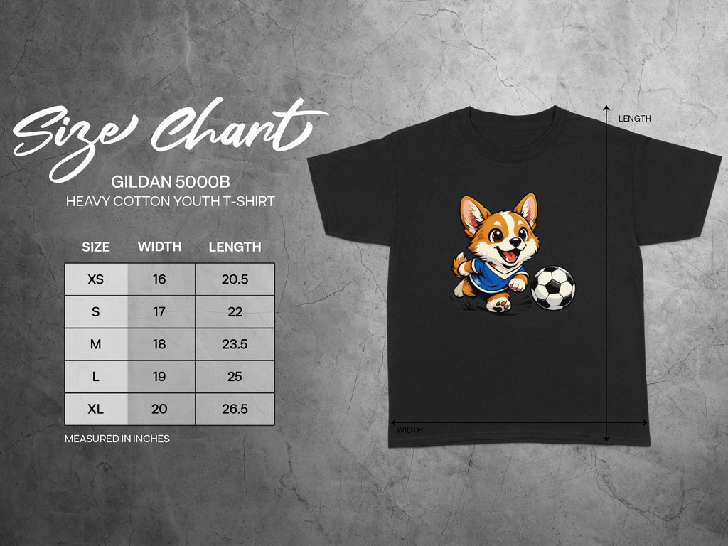 Gildan 5000B youth t-shirt size chart with Corgi graphic and measurements.