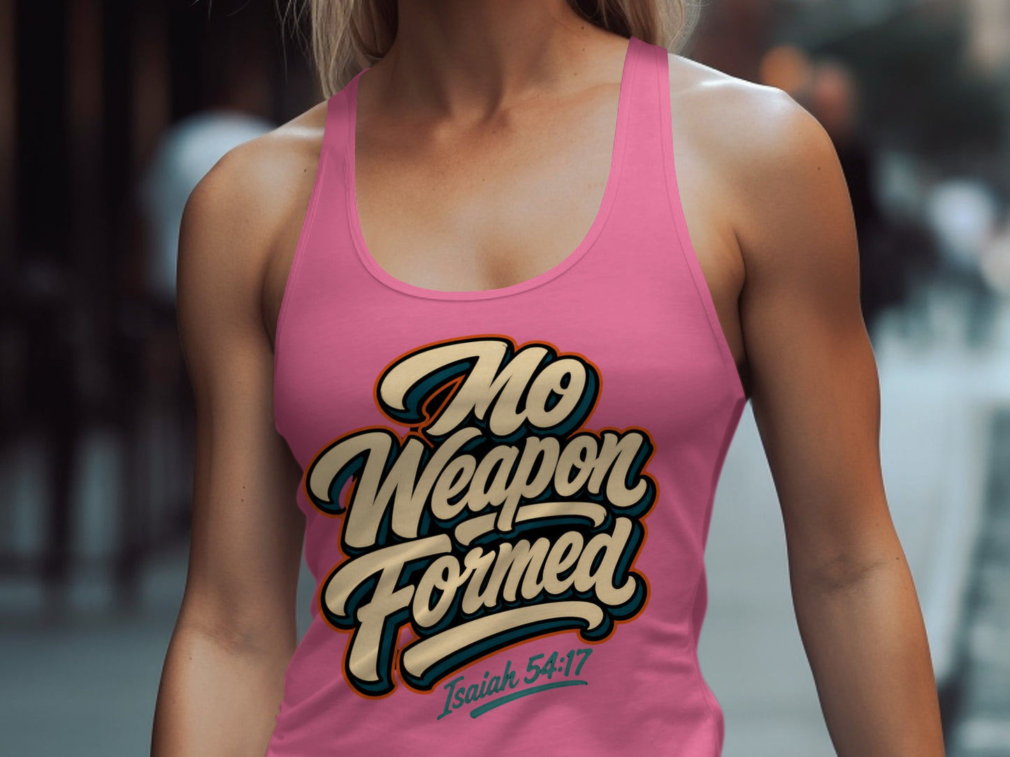 Pink tank top with text "No Weapon Formed, Isaiah 54:17".