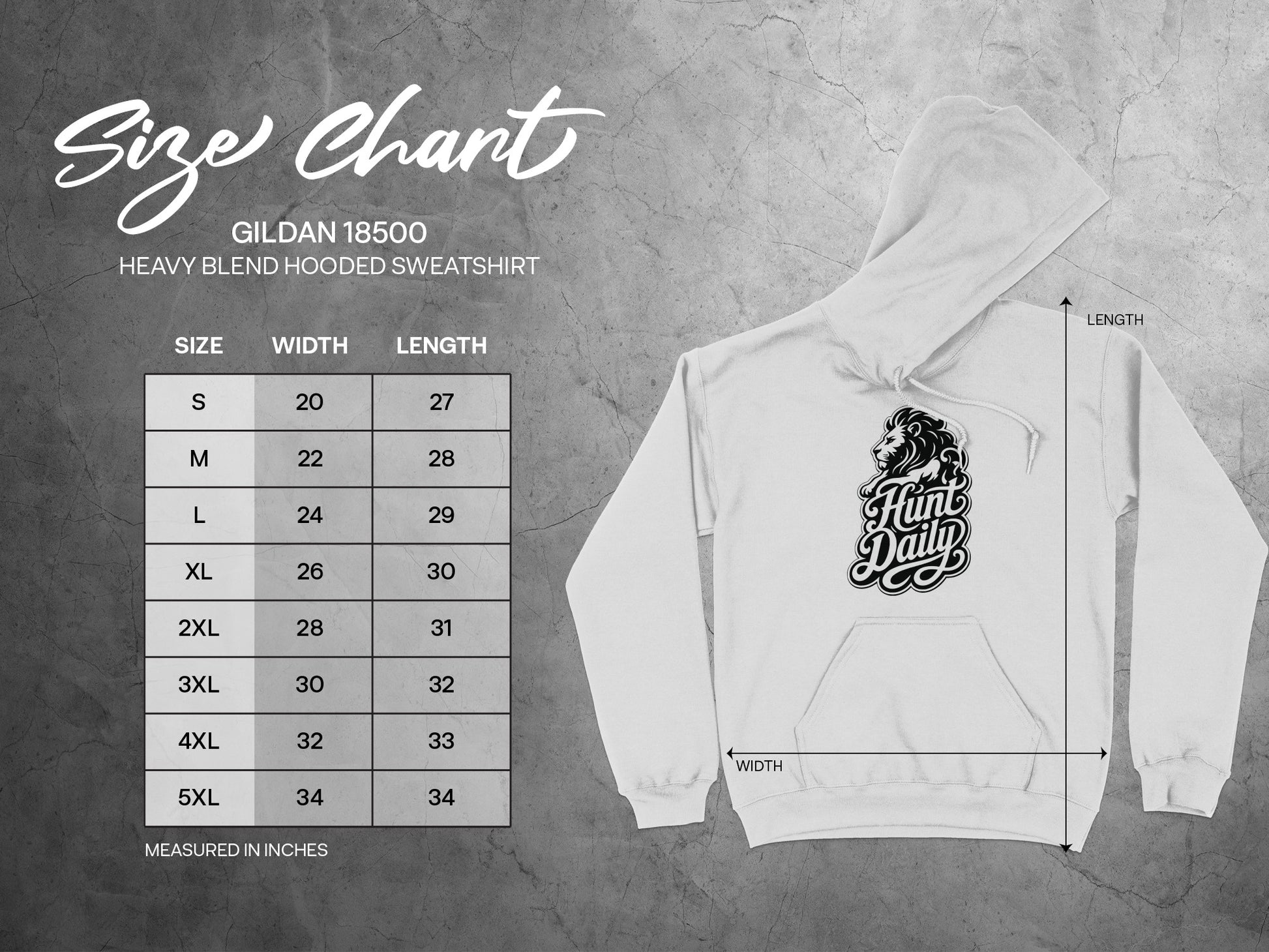 Gildan 18500 Heavy Blend Hooded Sweatshirt size chart with width and length measurements.
