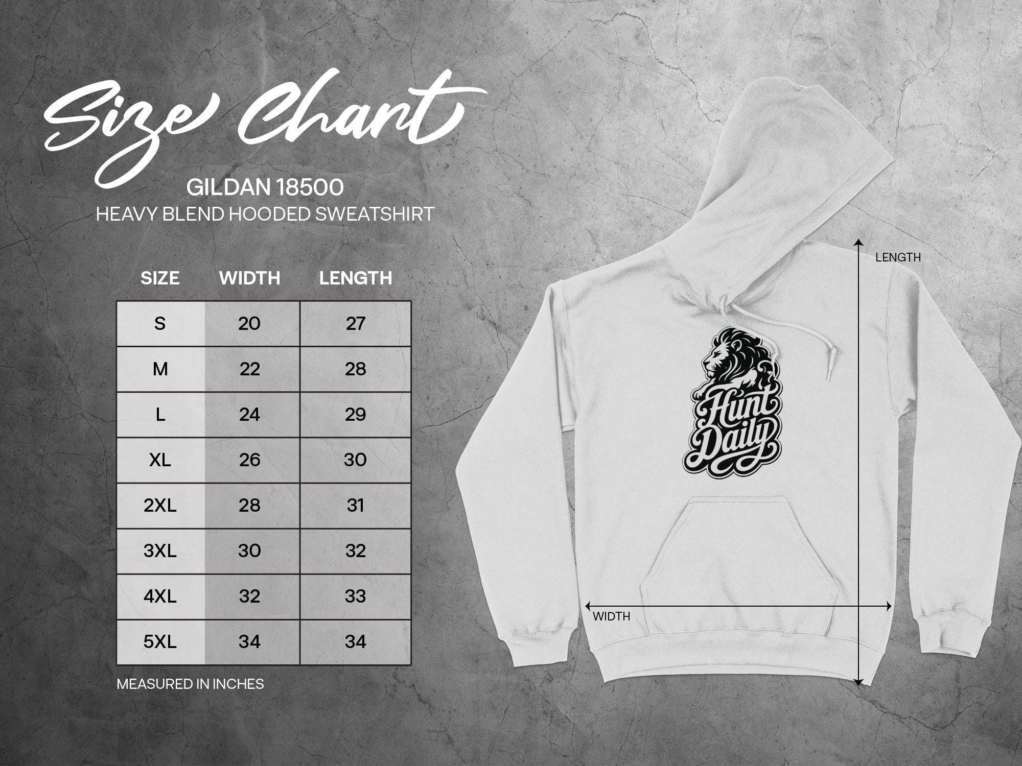 Gildan 18500 Heavy Blend Hooded Sweatshirt size chart with width and length measurements.