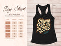 Black tank top with "Strong In Christ Eph 6:10" text and size chart.