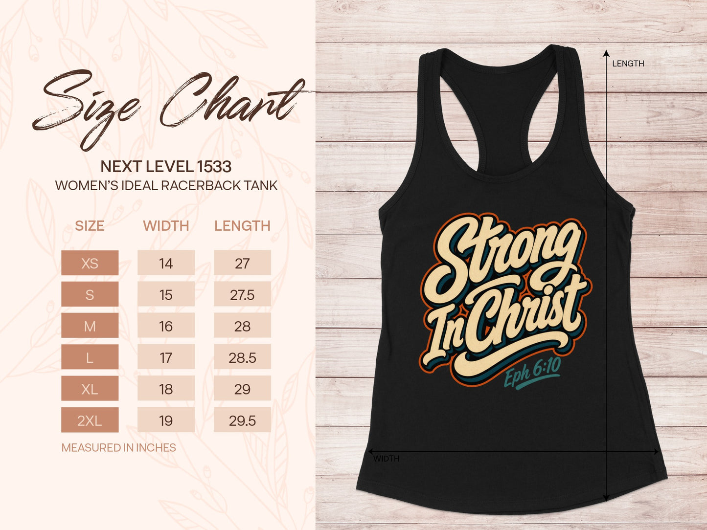 Black tank top with "Strong In Christ Eph 6:10" text and size chart.