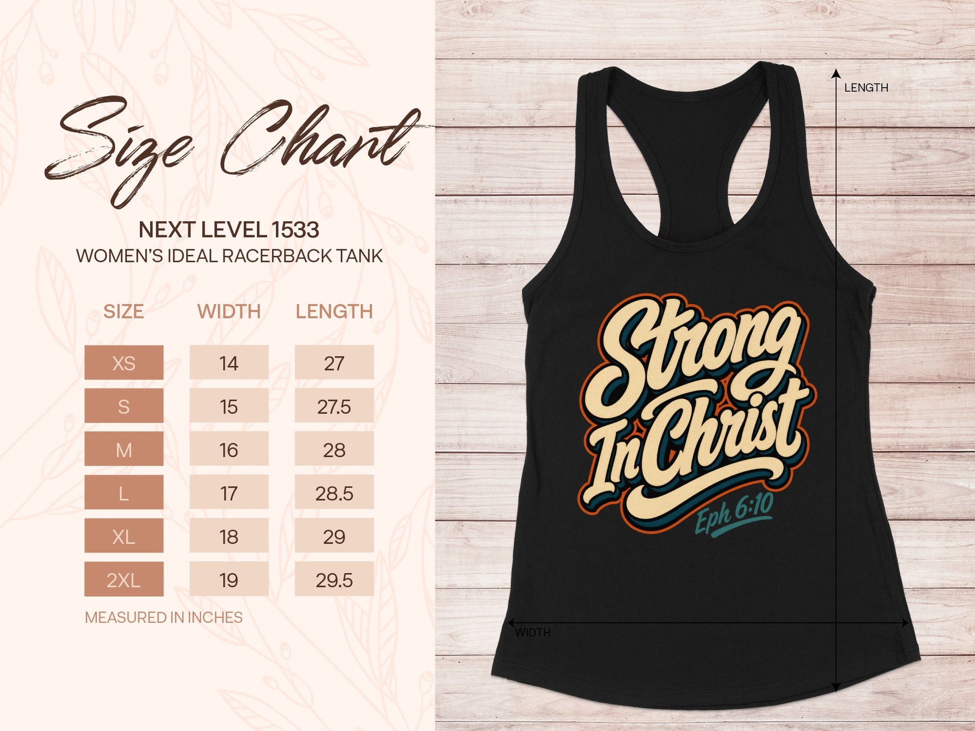 Black tank top with "Strong In Christ Eph 6:10" text and size chart.