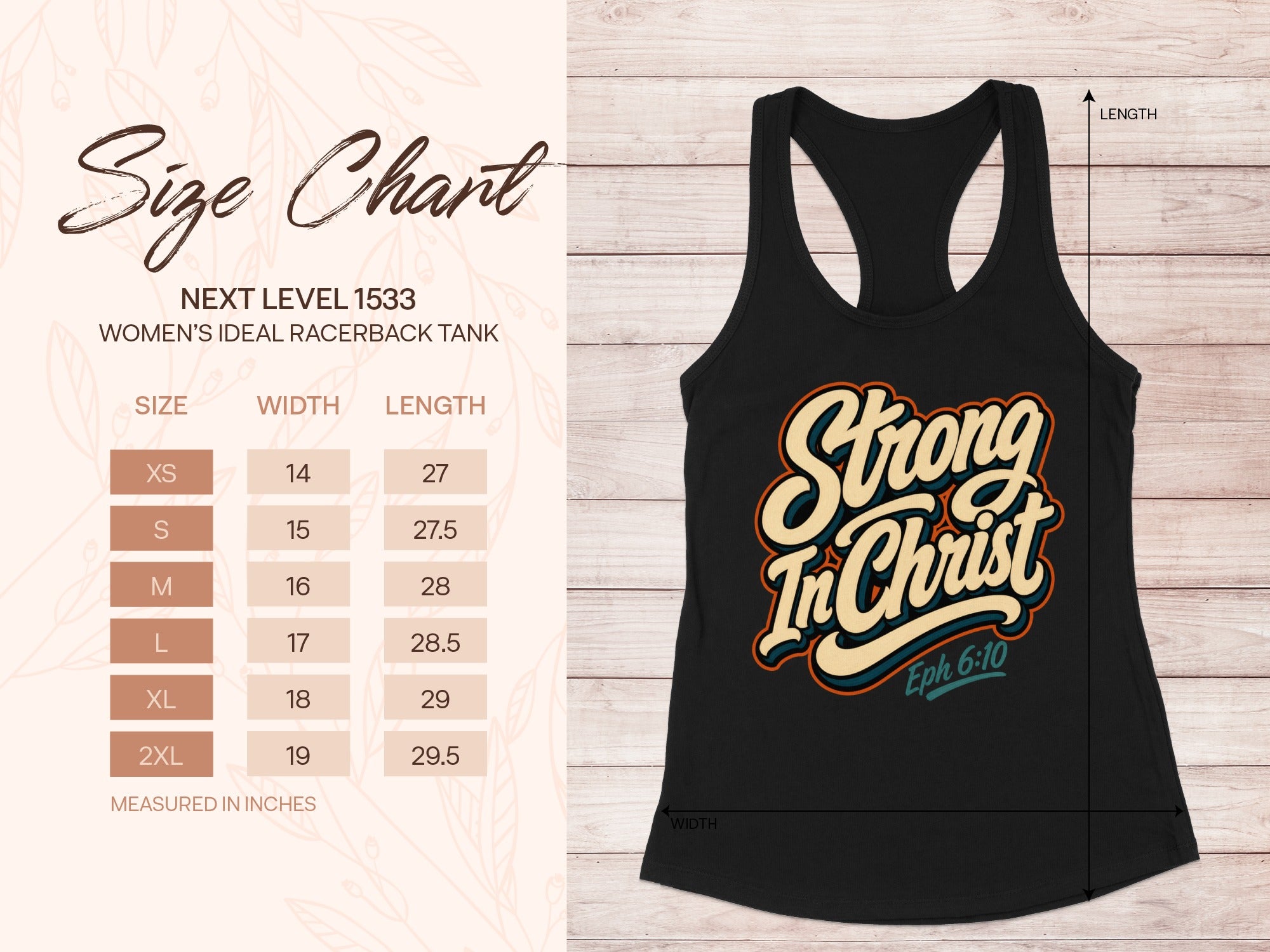 Black tank top with "Strong In Christ Eph 6:10" text and size chart.