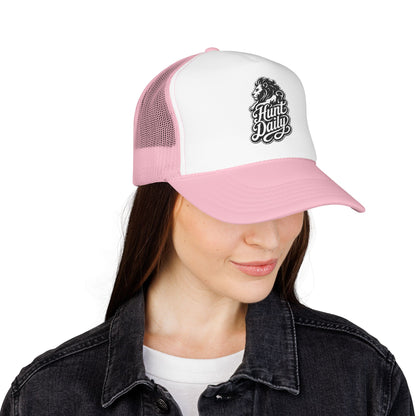 Pink and white trucker hat with "Hunt Daily" lion graphic on the front.