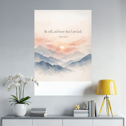 Watercolor print of mountains at sunset with text "Be still, and know that I am God. - Psalm 46:10."