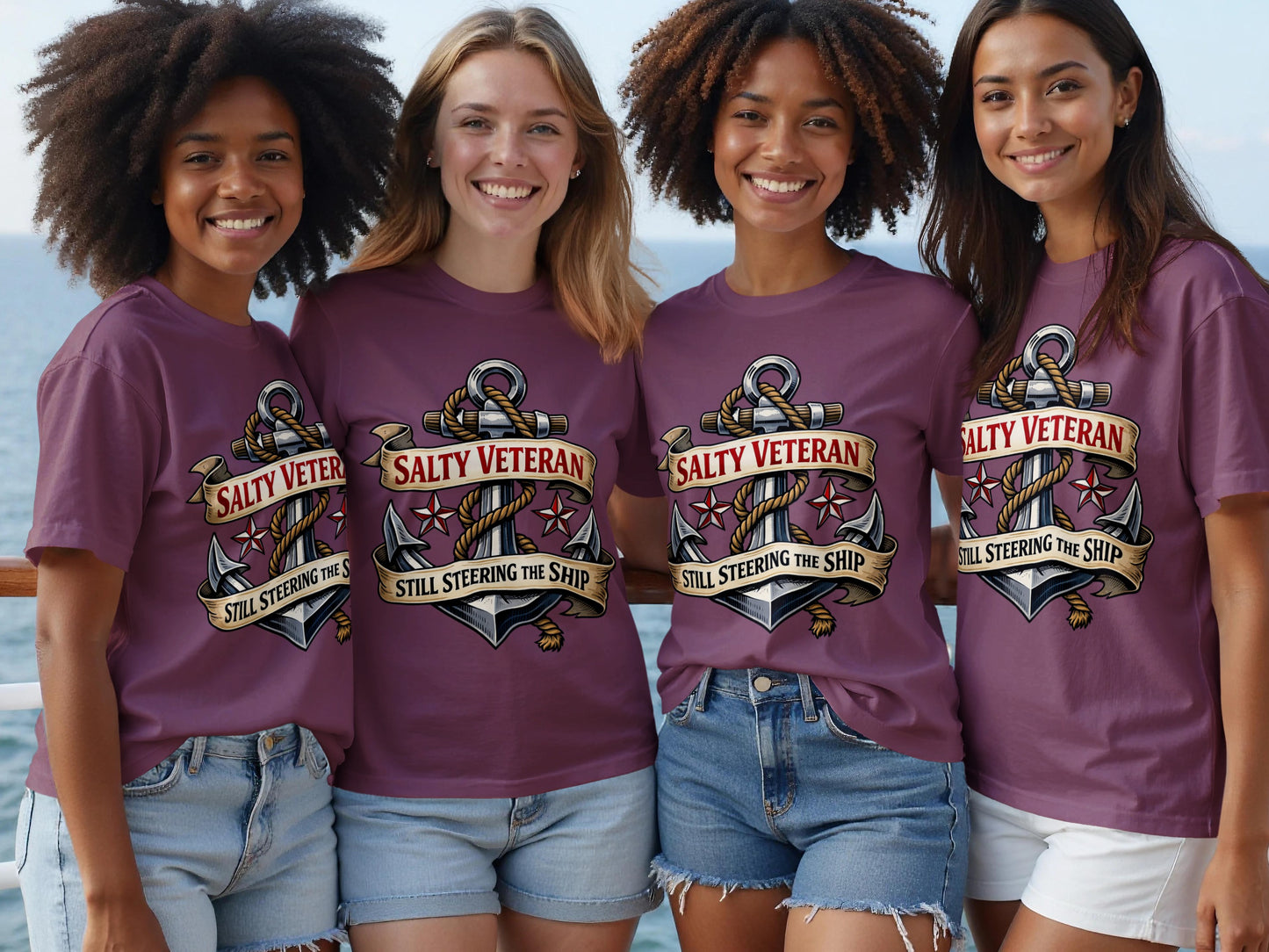 Four women wear purple t-shirts with an anchor design and text "SALTY VETERAN".