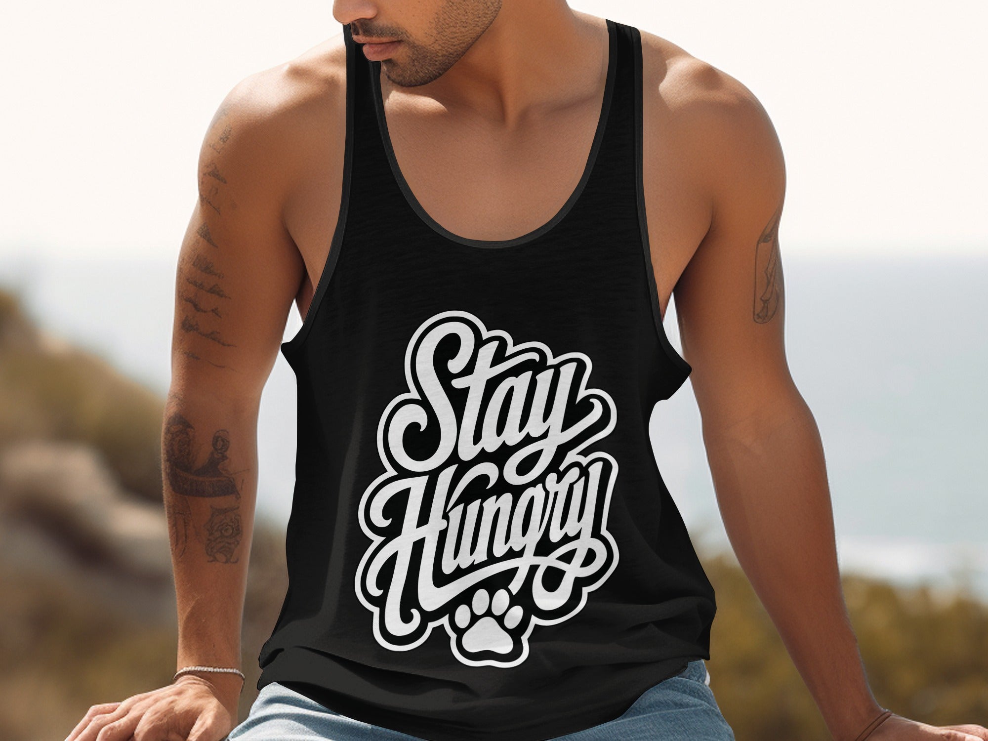 Black tank top with "Stay Hungry" text and paw print graphic.