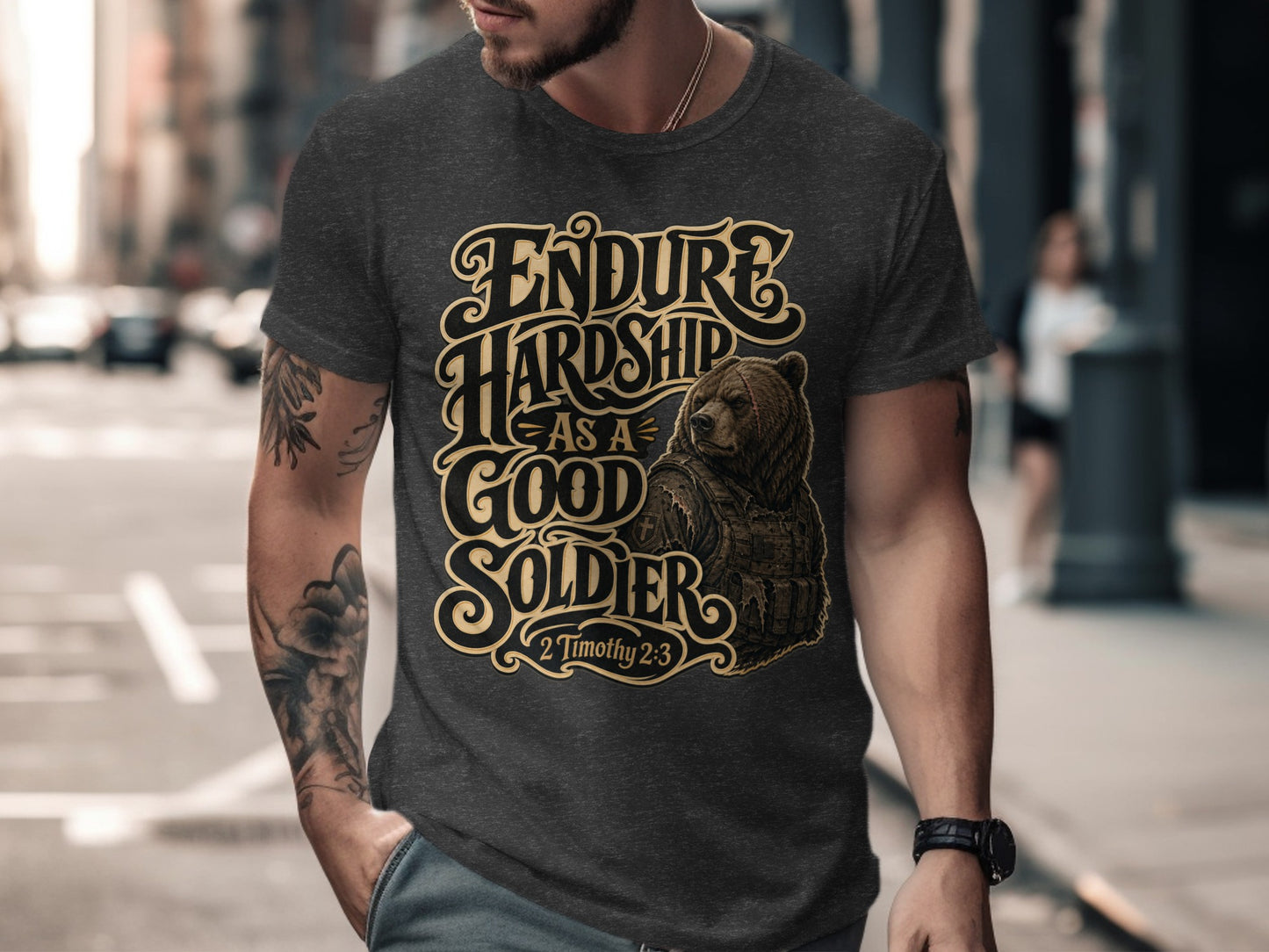 Dark grey t-shirt with graphic of bear in tactical gear and text "ENDURE HARDSHIP AS A GOOD SOLDIER 2 Timothy 2:3".