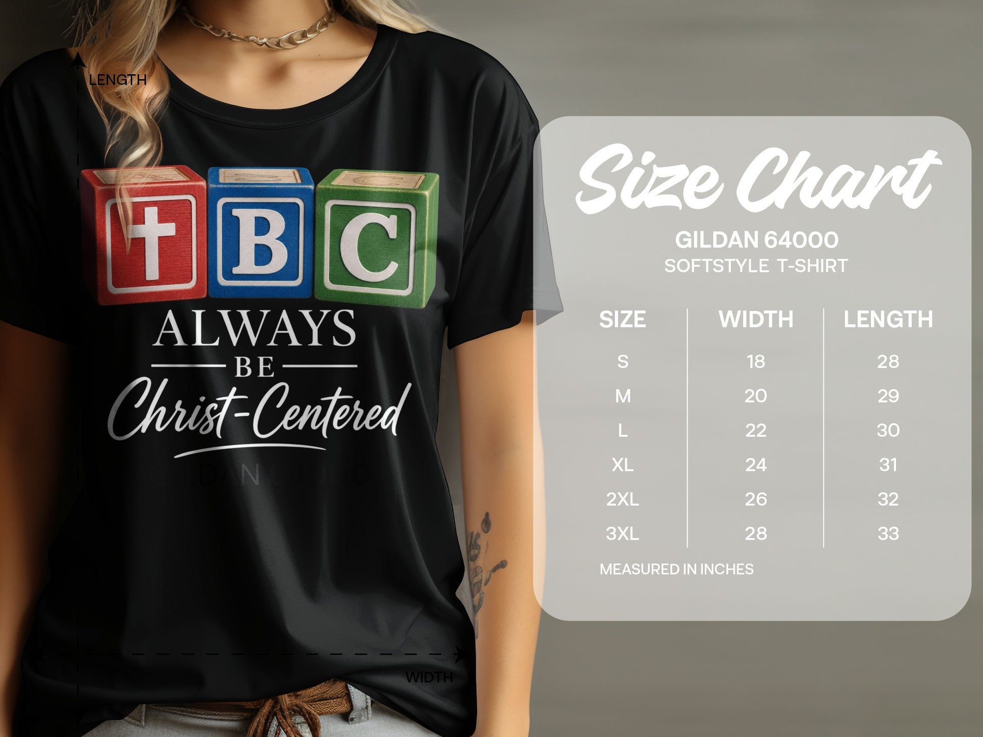 Black t-shirt with blocks spelling TBC and "Always Be Christ-Centered" text.
