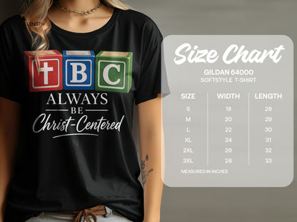 Black t-shirt with blocks spelling TBC and "Always Be Christ-Centered" text.