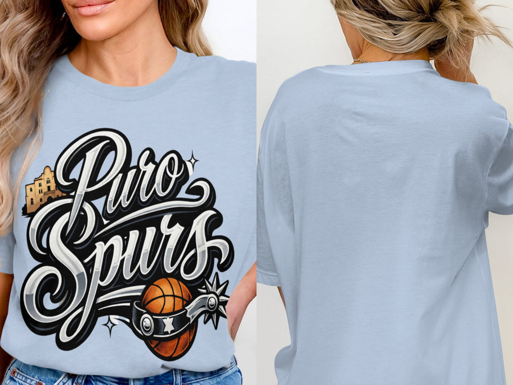 Light blue t-shirt with "Puro Spurs" text, basketball, spur, and Alamo building graphic.