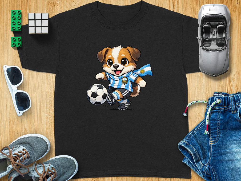 Cartoon dog in Argentina soccer jersey playing with a soccer ball.
