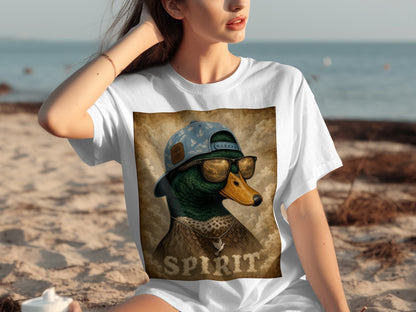 Mallard duck wearing sunglasses and a blue baseball cap with doves, text "SPIRIT" below.