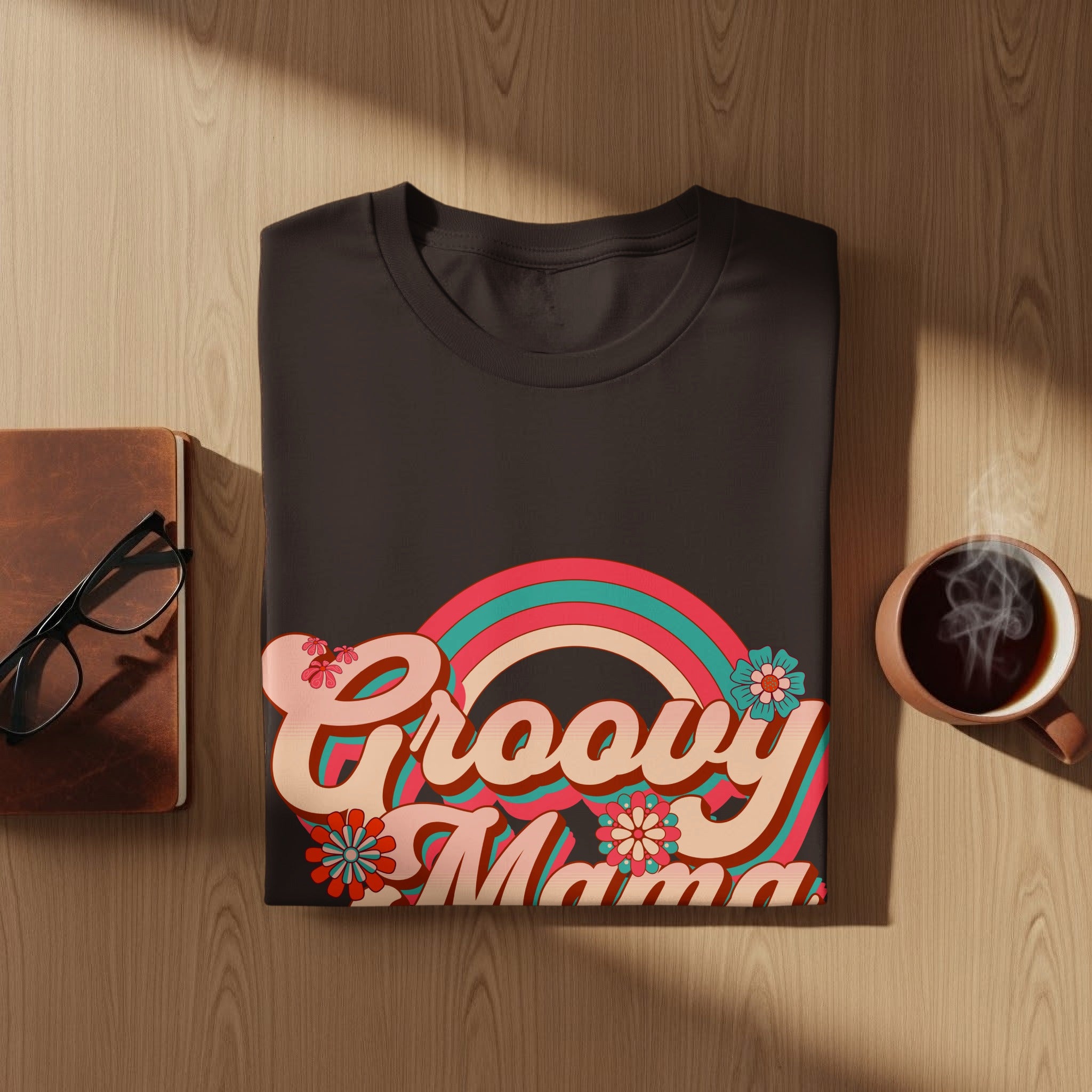 Dark t-shirt with "Groovy Mama" text and rainbow graphic.