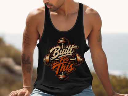 Black workout tank top with "Built For This" text and dumbbell graphic.
