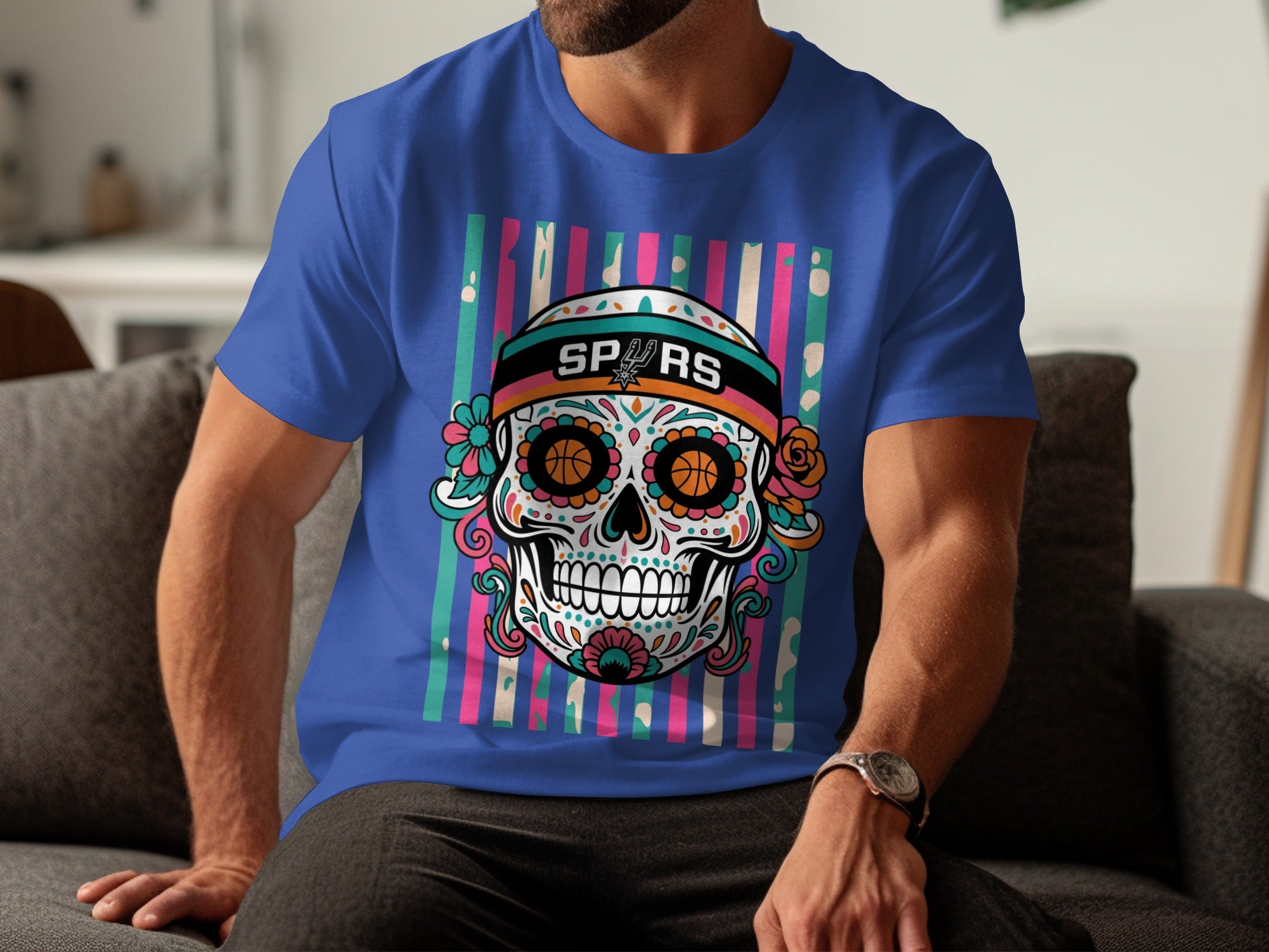 T-shirt with colorful skull graphic featuring the Spurs logo and basketballs.