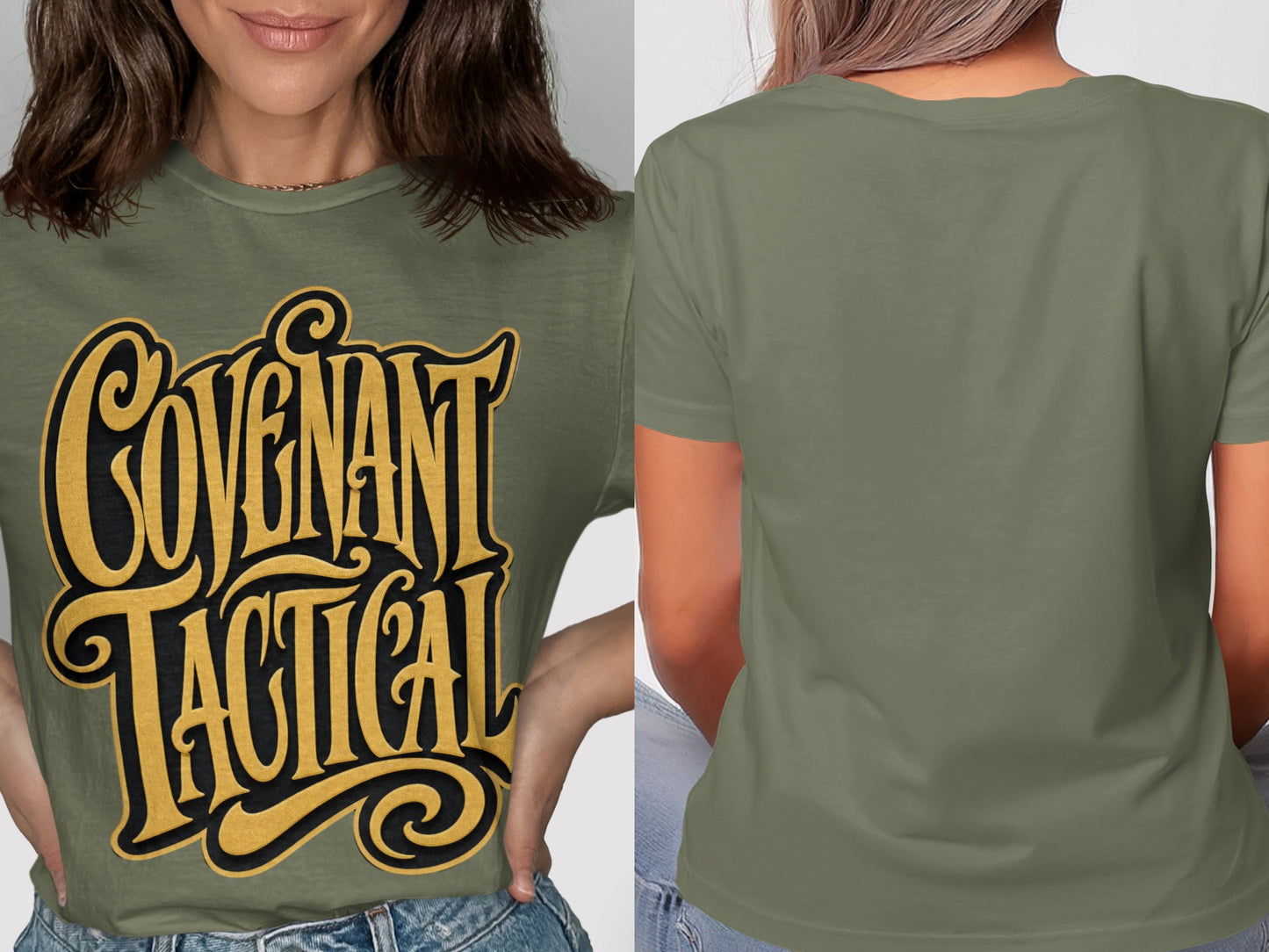 Olive green t-shirt with "COVENANT TACTICAL" text graphic on the front.