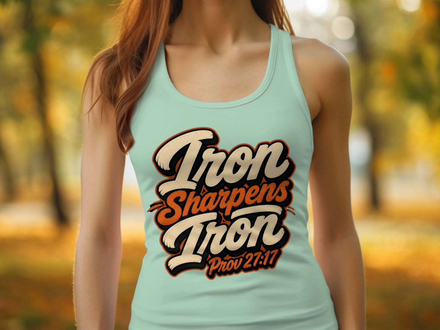 Light blue tank top with "Iron Sharpens Iron Prov 27:17" graphic.
