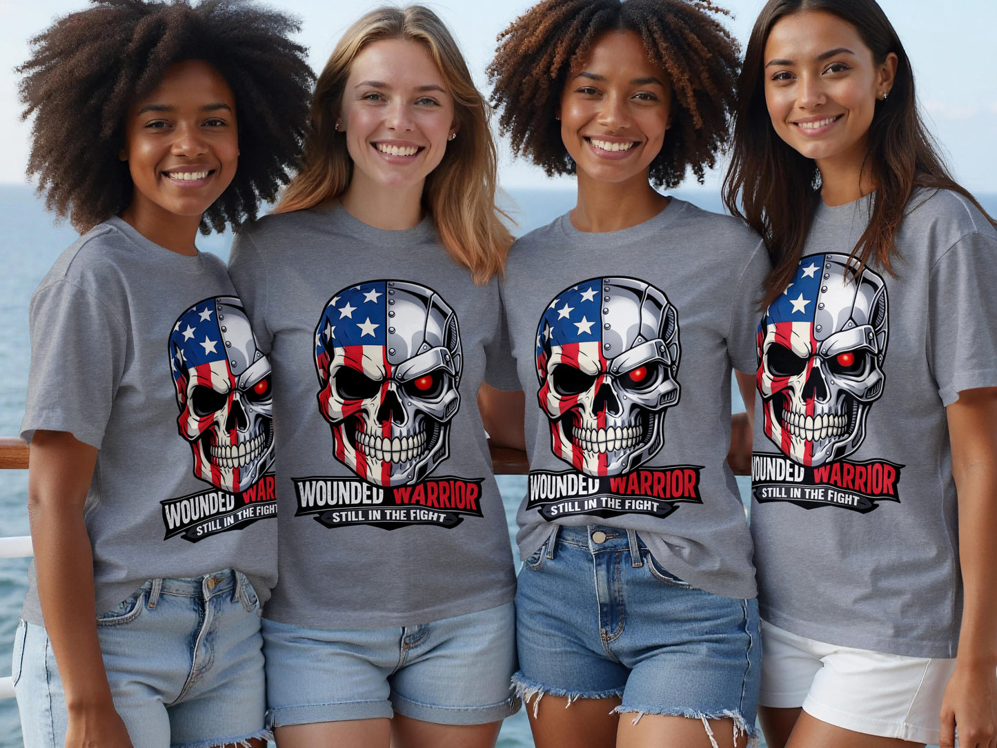 Four women wear gray t-shirts featuring a skull with American flag and red eye design.