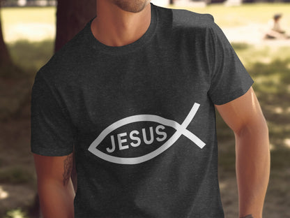 Dark grey t-shirt with white Jesus fish symbol.