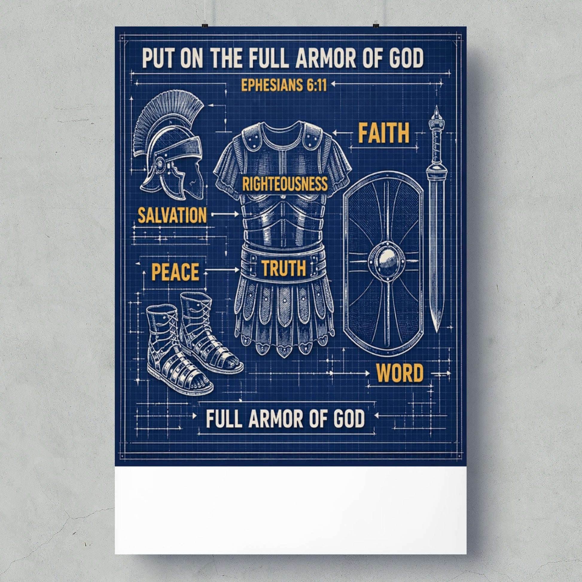 Blueprint of the full armor of God with labels for faith, righteousness, truth, salvation, peace, and word.
