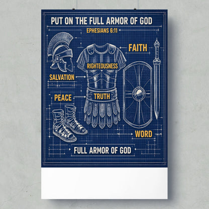 Blueprint of the full armor of God with labels for faith, righteousness, truth, salvation, peace, and word.