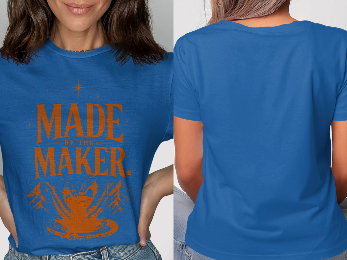 Blue t-shirt with orange "MADE BY THE MAKER" text and pottery making graphic.