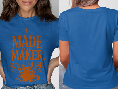 Blue t-shirt with orange "MADE BY THE MAKER" text and pottery making graphic.