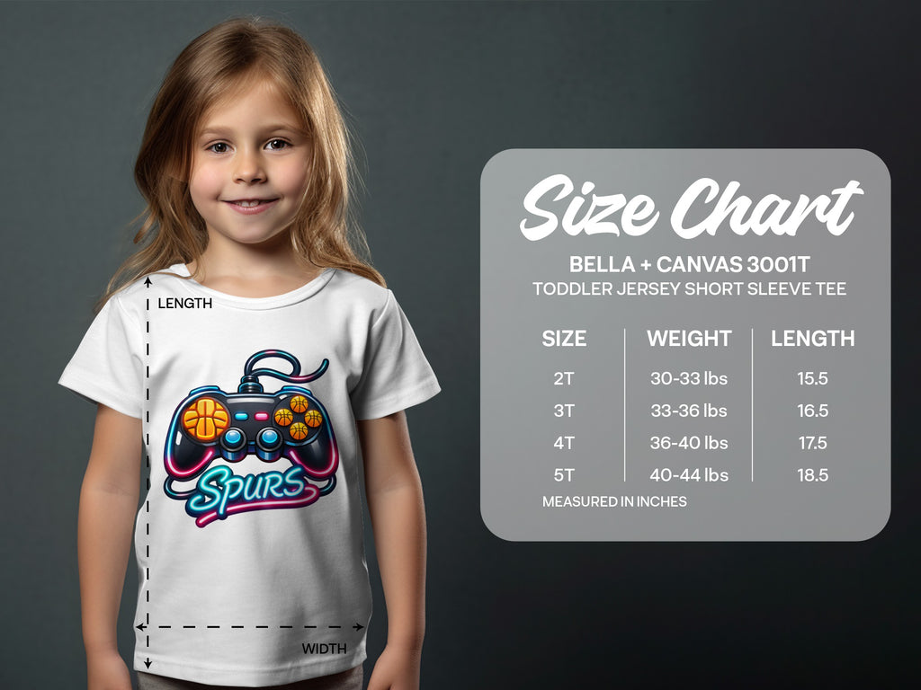 Toddler shirt with graphic controller and size chart.