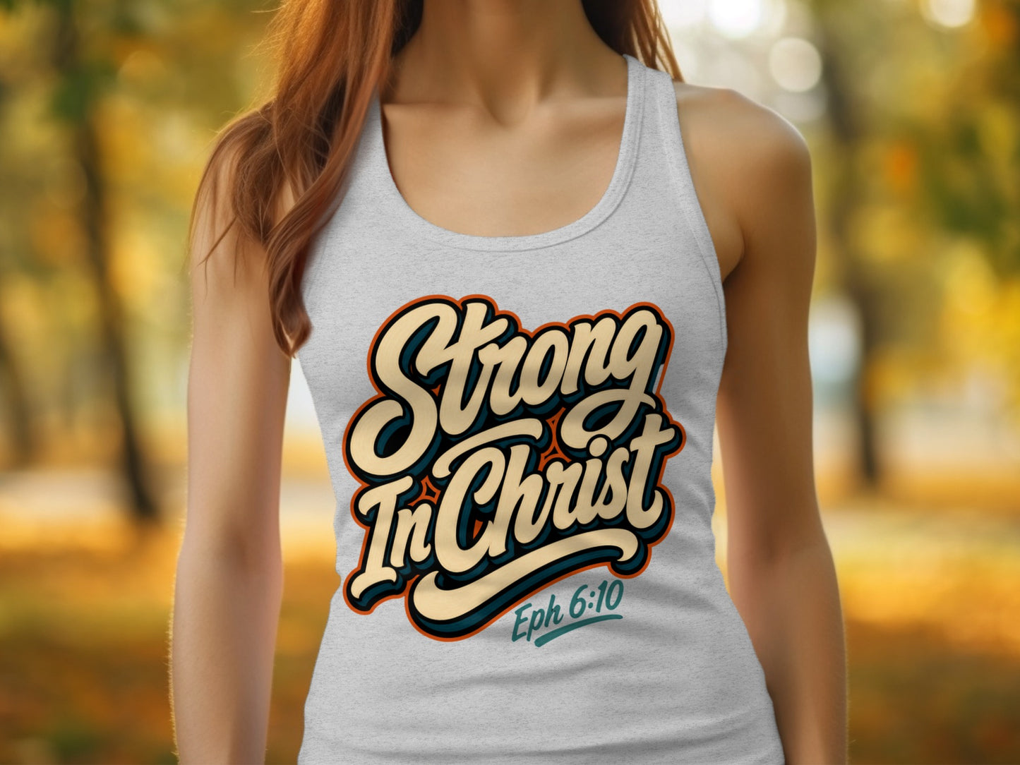 Light grey tank top with text "Strong In Christ" and "Eph 6:10".