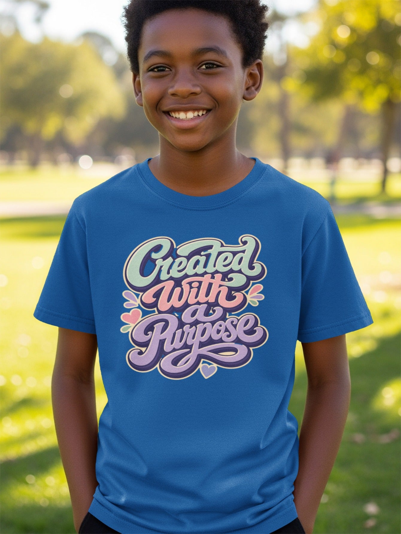 Boy in blue T-shirt with "Created With a Purpose" text and heart accents.