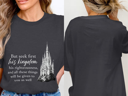 Dark gray t-shirt with castle graphic and text "But seek first his kingdom".