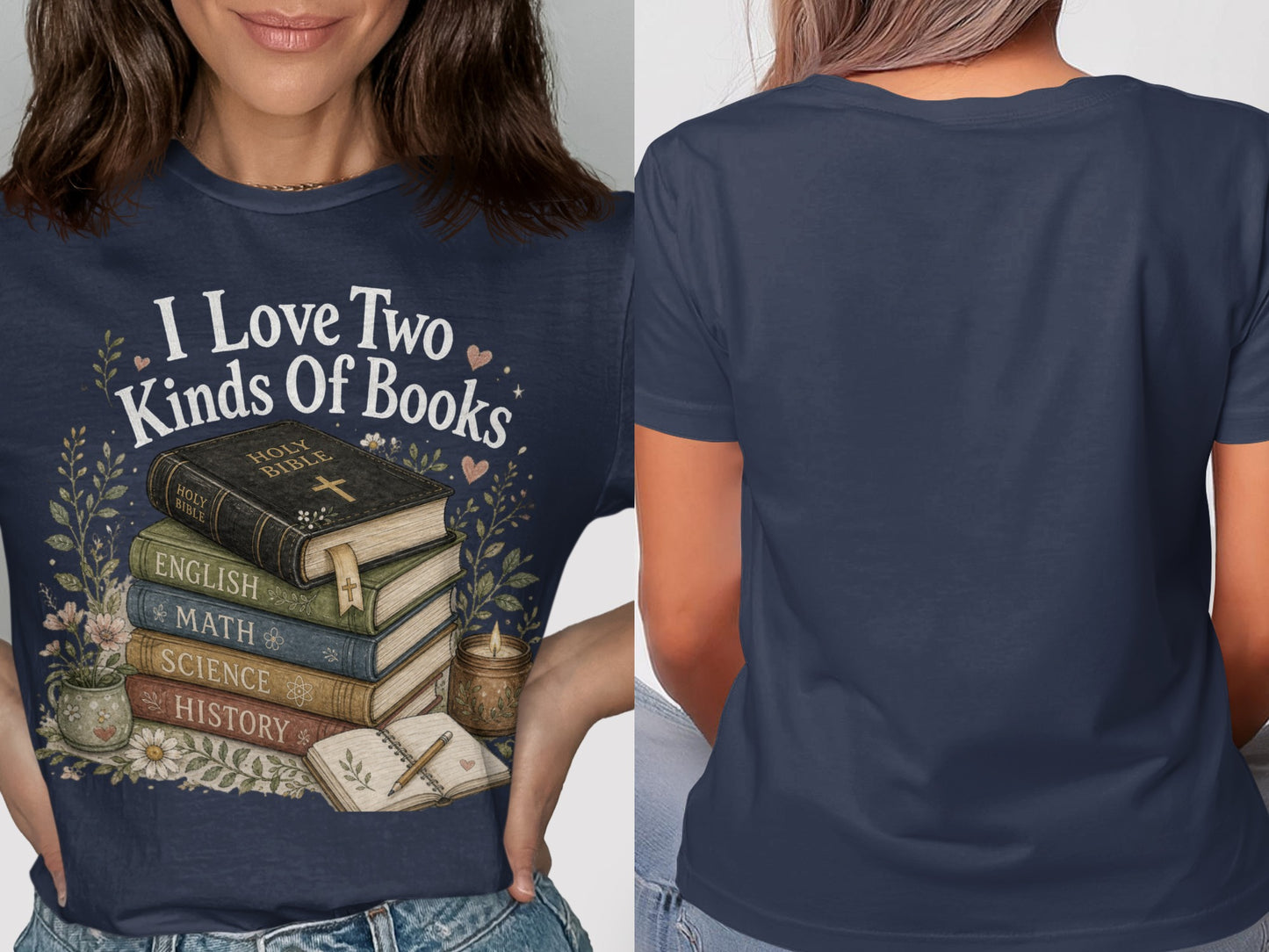 Dark blue t-shirt with "I Love Two Kinds Of Books" and stack of books design.