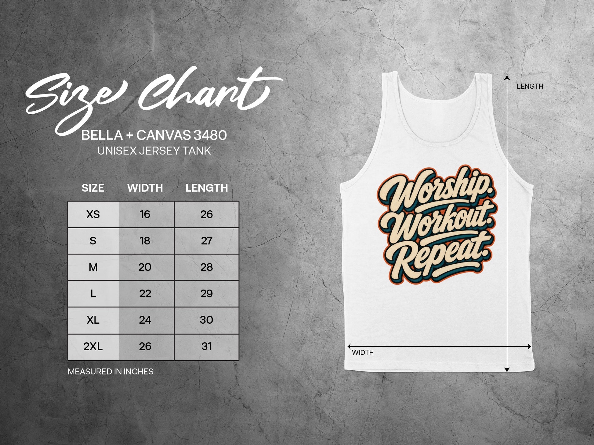 Bella + Canvas 3480 unisex jersey tank size chart with "Worship Workout Repeat" graphic.