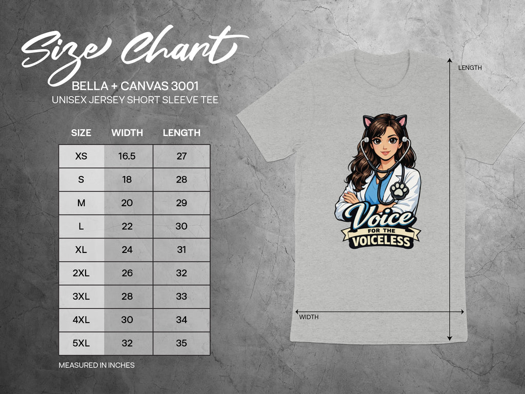 Size chart for Bella + Canvas 3001 unisex t-shirts showing width and length measurements.