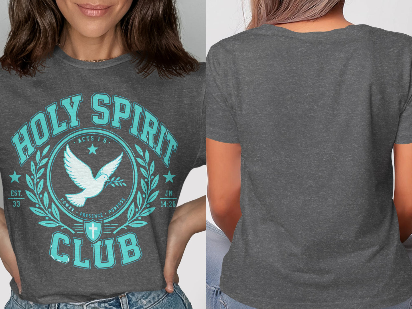 Gray t-shirt with "Holy Spirit Club" design featuring a dove, wreath, and cross.