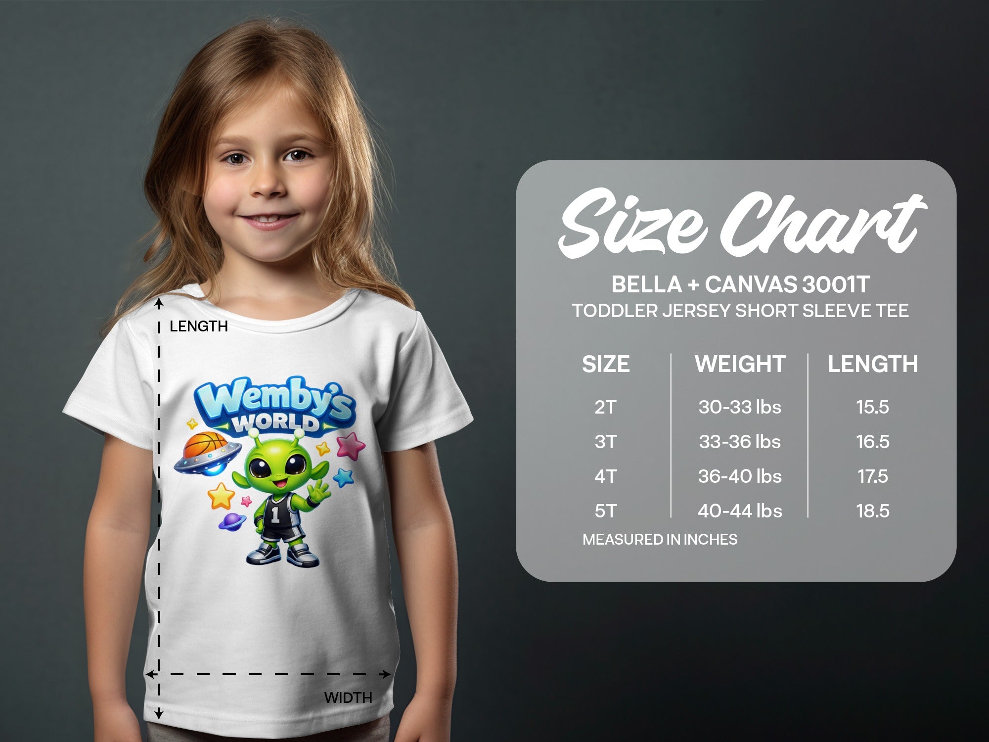 Toddler size chart for Bella + Canvas 3001T shirt with alien graphic and measurements.
